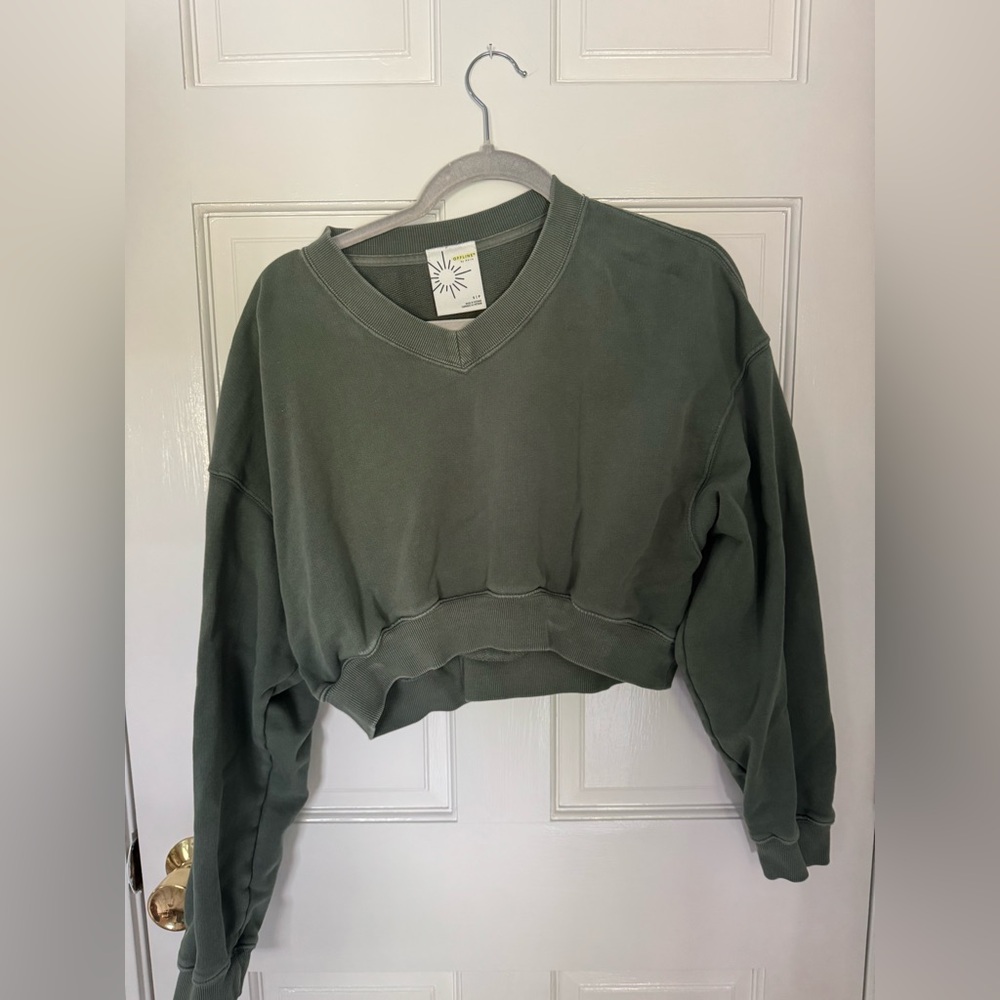 Aerie Olive V-Neck Cropped Sweatshirt